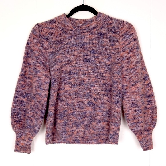 Madewell Space Dyed Eaton Puff Sleeve Pullover Sweater Marled Plum fuzzy knit - Picture 2 of 4